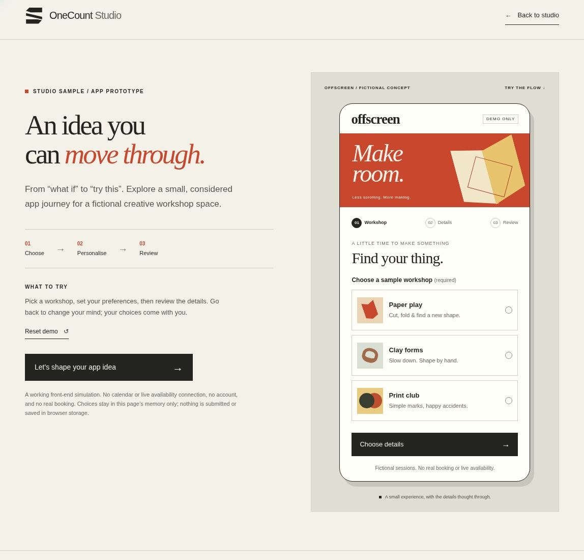 Screenshot preview of the Offscreen three-screen workshop app prototype.